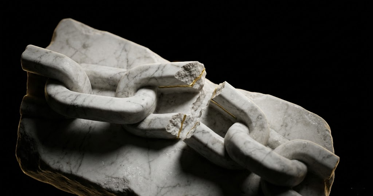 A marble relief of an interlocking chain with one link snapped open, the break edged in gold against black