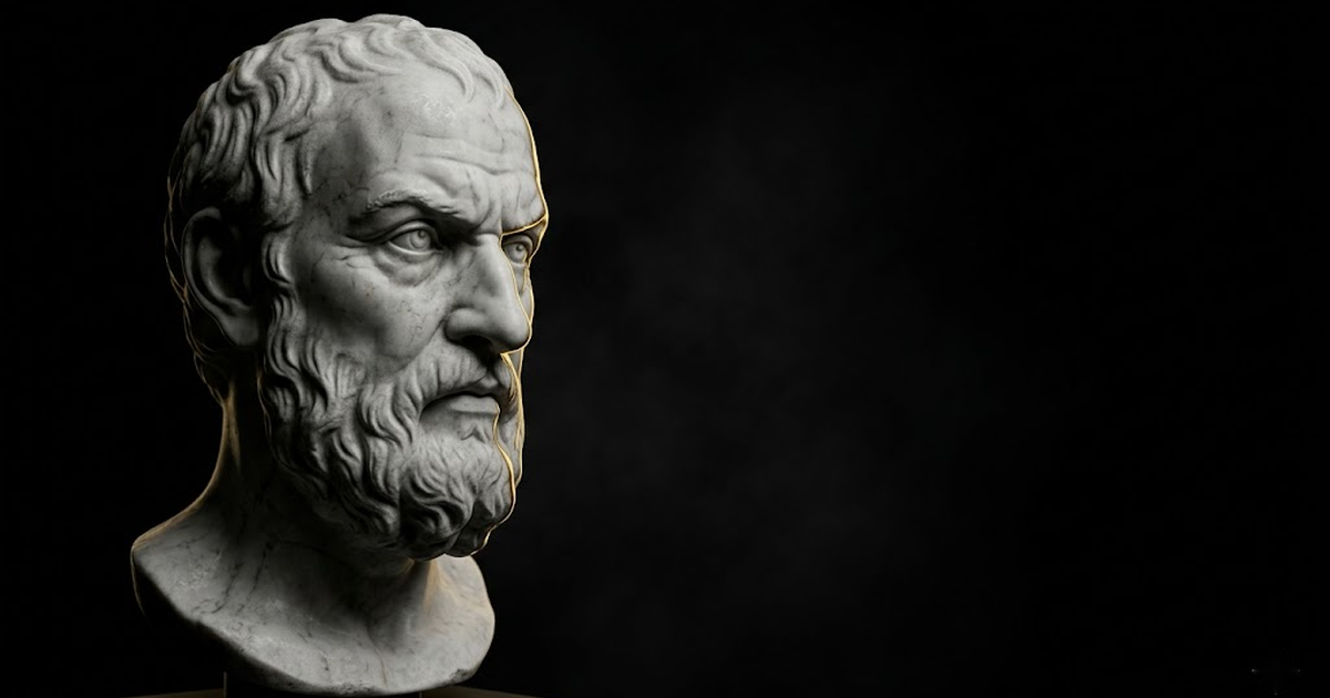A marble bust of a sceptical philosopher, profile edged in gold, examining something unseen against a black void
