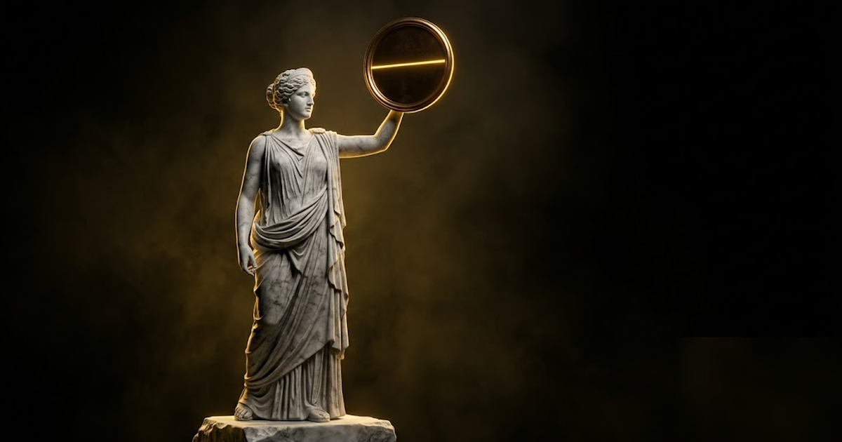 Aletheia, Greek goddess of truth, holding a bronze mirror reflecting a line of gold light, marble on void black