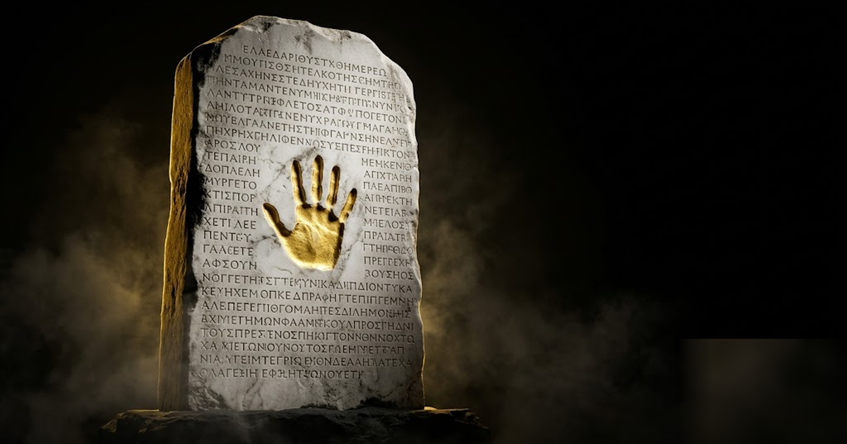 An ancient Greek marble stele with carved inscription and a gold handprint pressed into the stone
