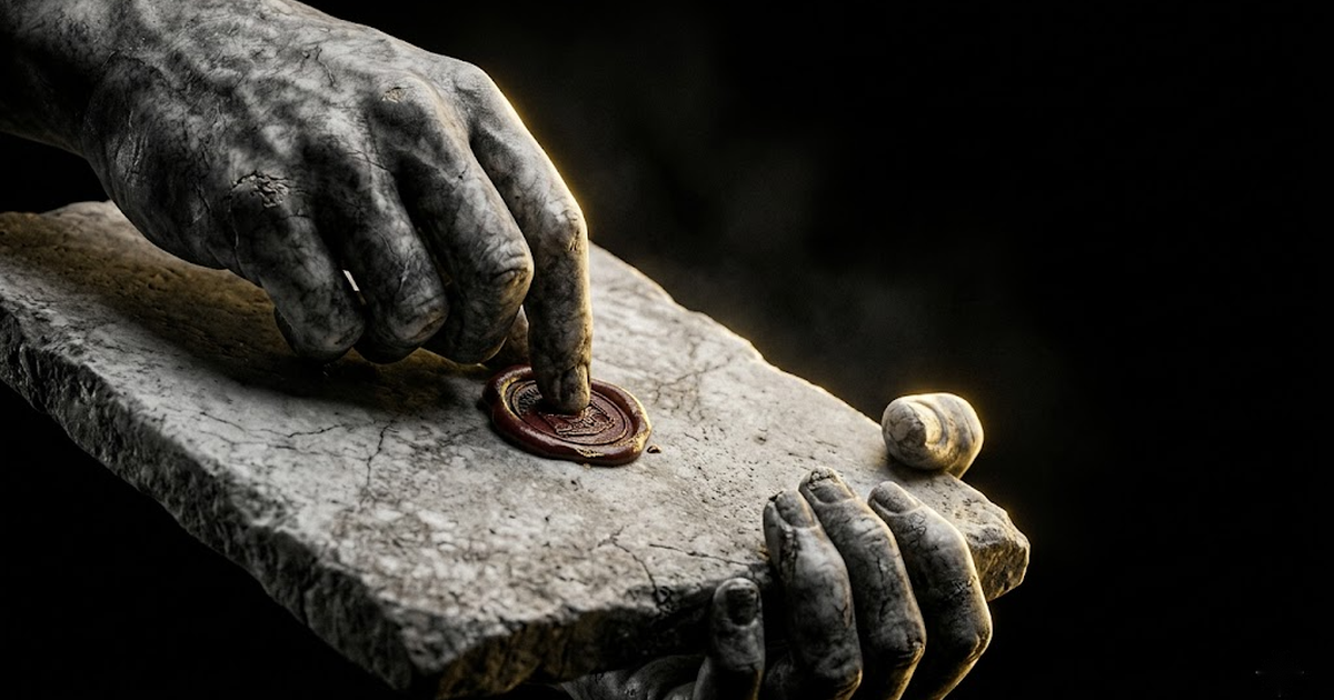 Close-up of classical marble hands pressing a seal onto a tablet, lit by a single gold rim light against void black, evoking authentication before the act.
