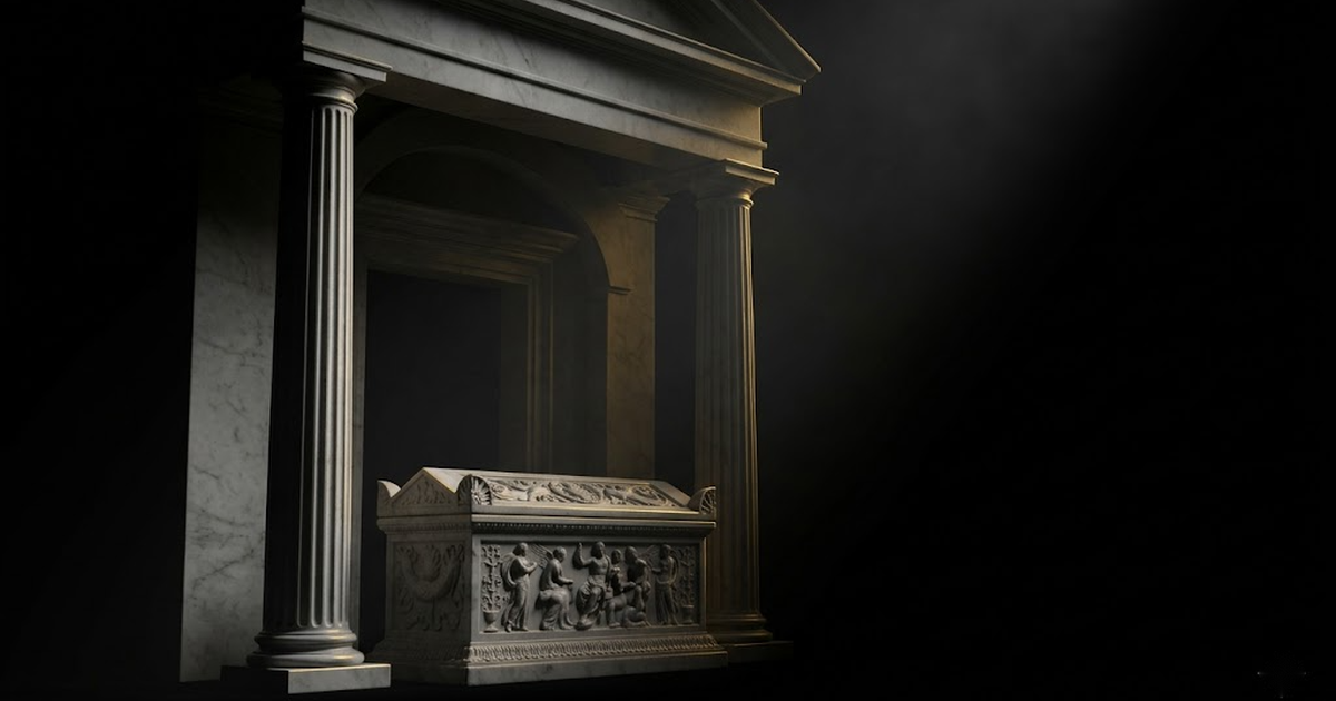 A classical marble column beside a sealed marble chest in a darkened temple treasury, edge-lit in gold against void black, evoking durable, guarded evidence.