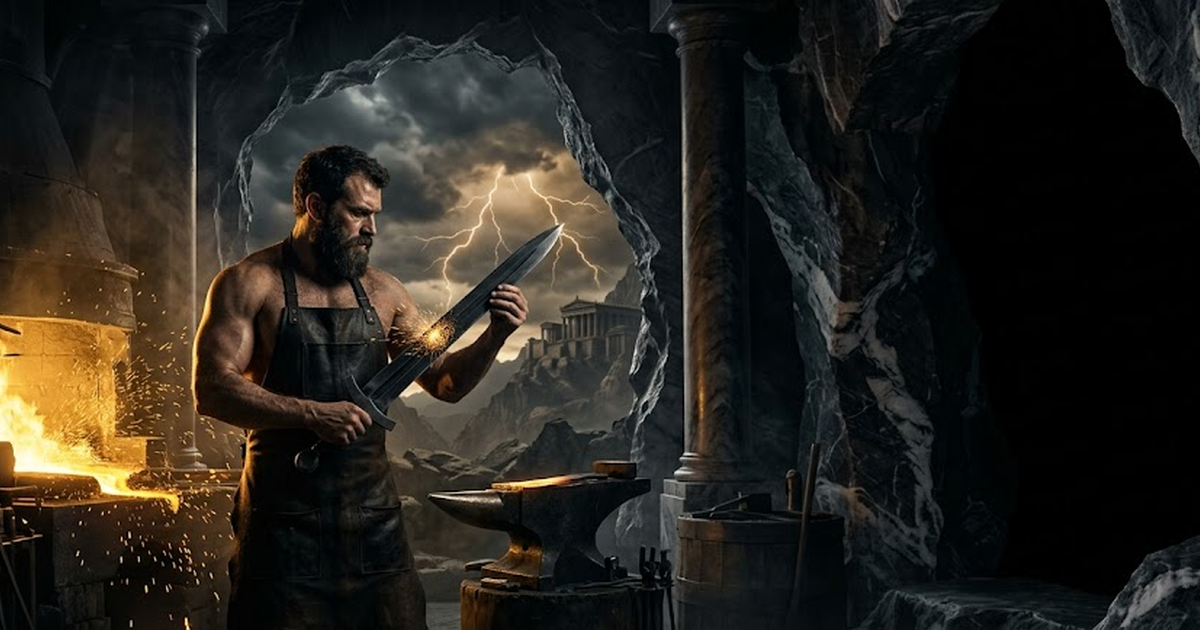 Hephaestus in a dark workshop receiving a gleaming blade across his open palms, satin gold firelight on his arms, the surface flawless and the origin unknown.