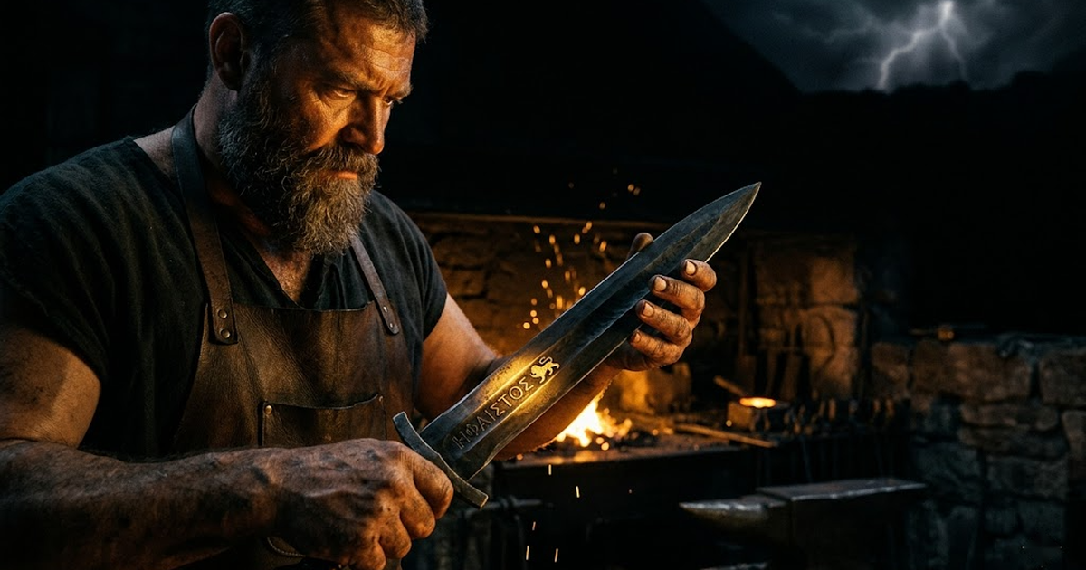 Hephaestus turning the blade toward the forge fire, sparks scattering, a hidden foreign seal glowing faintly beneath the polished surface in satin gold.