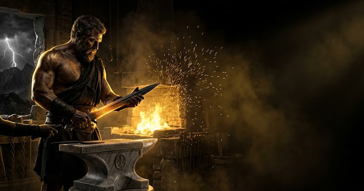 Hephaestus setting the inspected blade down on the anvil, satisfied, the verified maker's mark catching the gold firelight while the rejected blades lie in shadow behind him.
