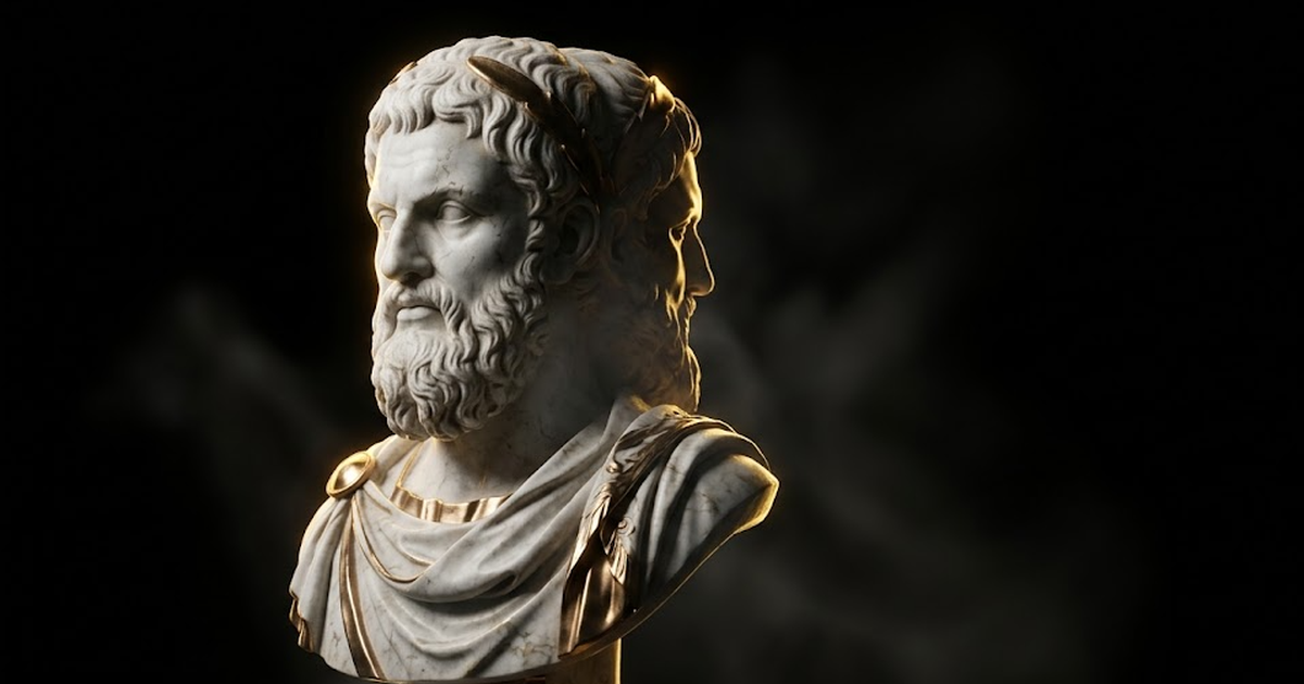 A marble bust of Janus with two faces emerging from void black, lit by hard gold rim light, one face turned toward a viewer and one turned away into shadow.