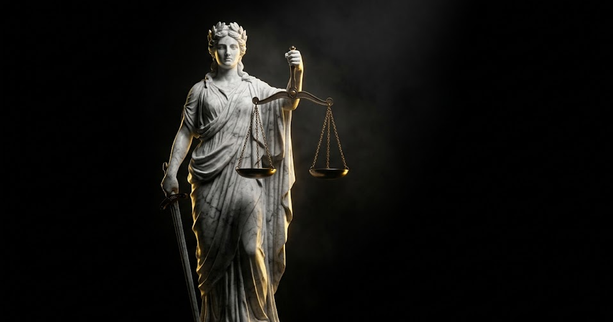 Themis carved in white marble holding empty scales, one pan in gold rim light and one lost in darkness, set against deep void black with volumetric haze.