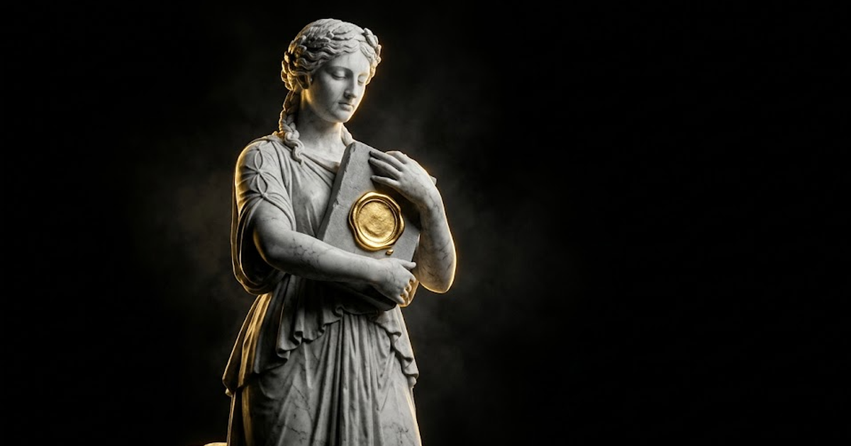 Mnemosyne, goddess of memory, carved in marble pressing a sealed tablet, gold light catching the seal while the rest falls into void black negative space.