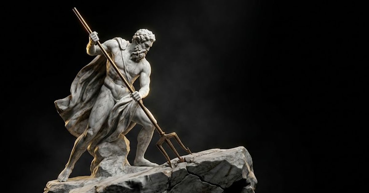 Poseidon in carved marble driving a trident into bedrock, gold rim light on the metal, an anchor-like form fixed into stone against vast void black space.