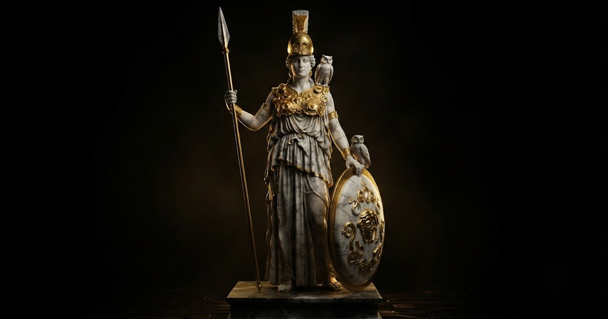 Athena helmed with her owl, evoking specialist domain brains carrying deep competence