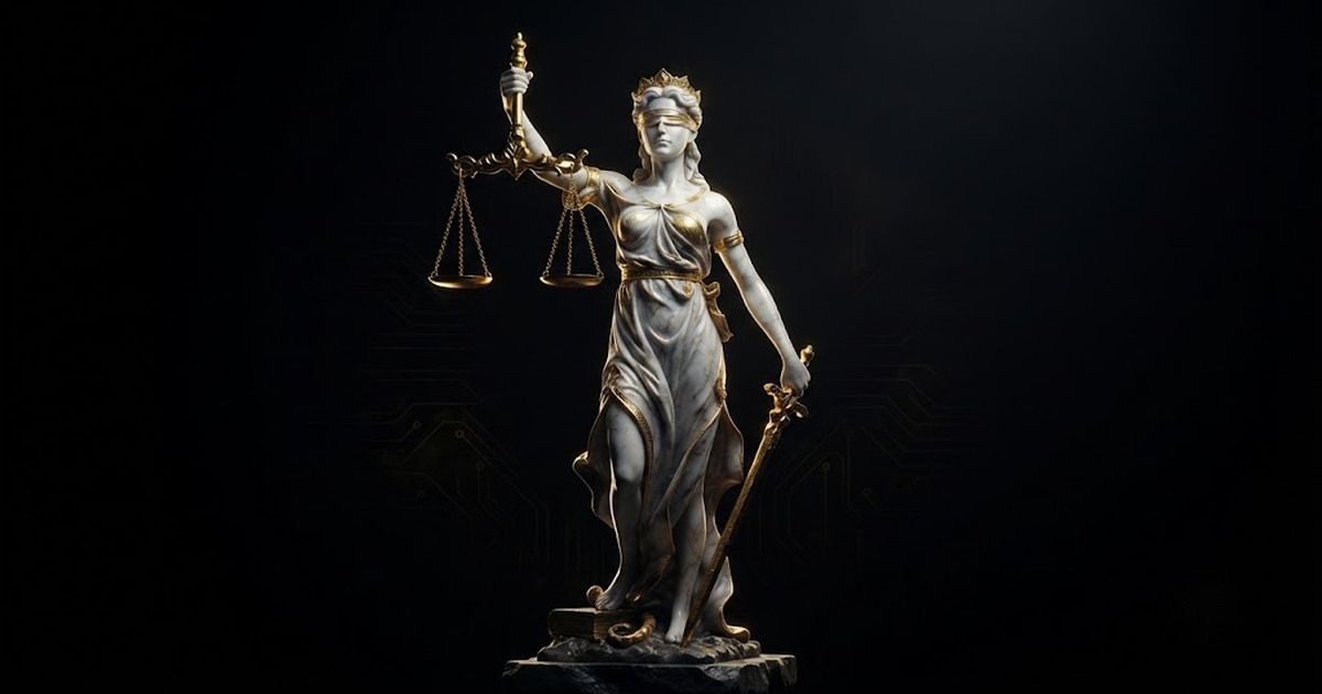 Themis with balanced scales, evoking deterministic arbitration by fixed precedence