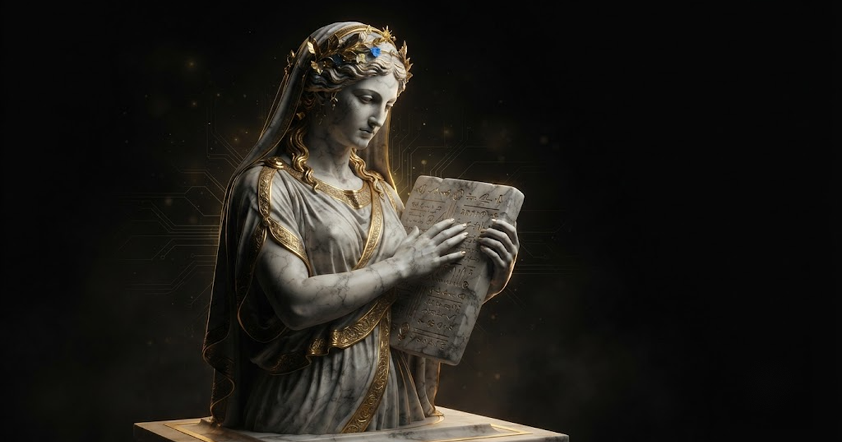 Mnemosyne cradling a stone tablet, evoking persistent memory the customer owns and keeps