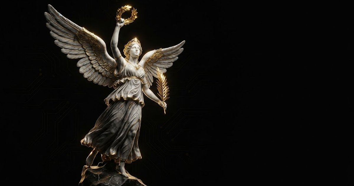 Winged Nike bearing laurel, evoking the rising recognition and momentum of governed sovereign autonomy