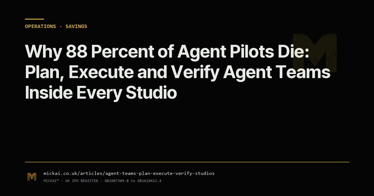 Why 88 Percent of Agent Pilots Die: Plan, Execute and Verify Agent Teams Inside Every Studio
