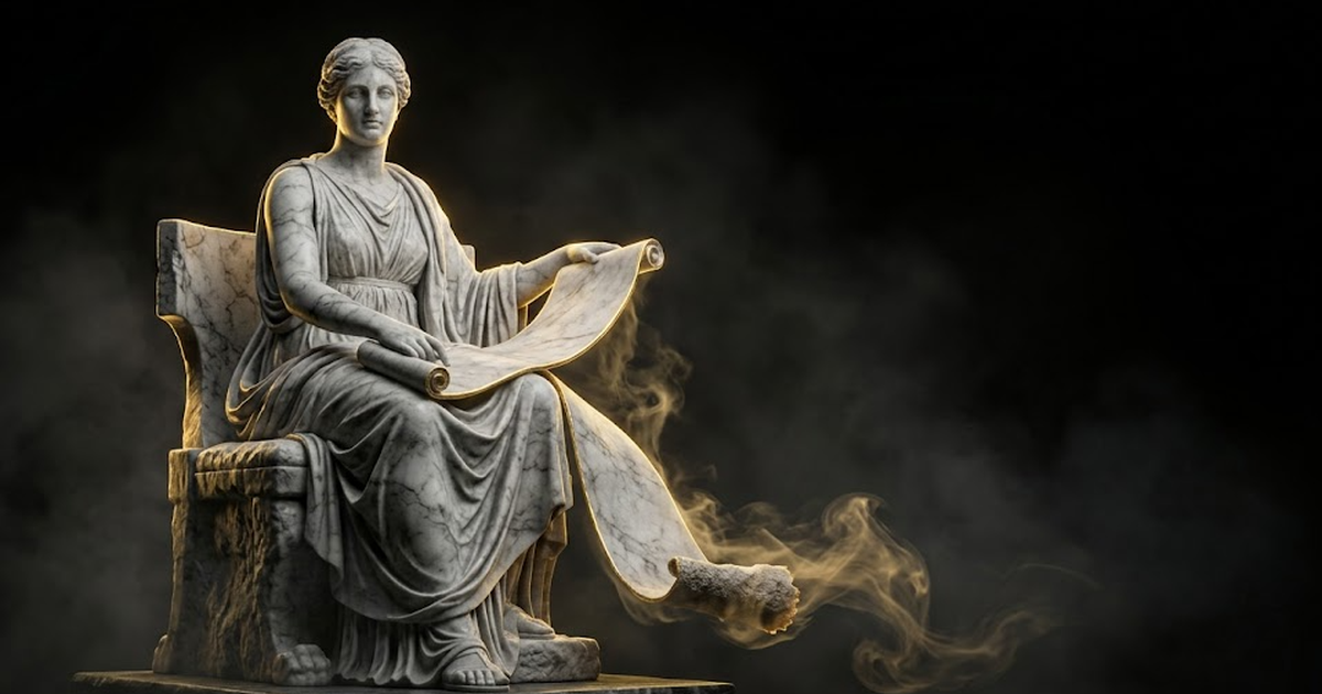 A marble figure of Mnemosyne, goddess of memory, holding a scroll whose lower edge is dissolving into smoke, lit by hard gold rim light against void black.