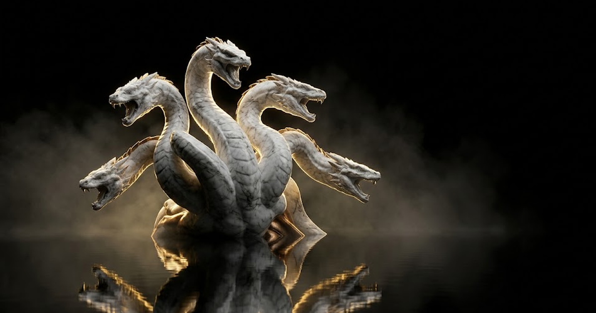 A marble Hydra of many heads emerging from black water, each head reflecting the same gold light, illustrating one corrupted memory replicated across many agents.