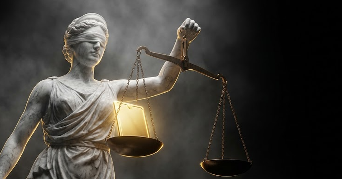 Themis, blindfolded, holding scales in carved marble, one pan holding a sealed tablet that glows with gold light, the other empty, against deep void black.