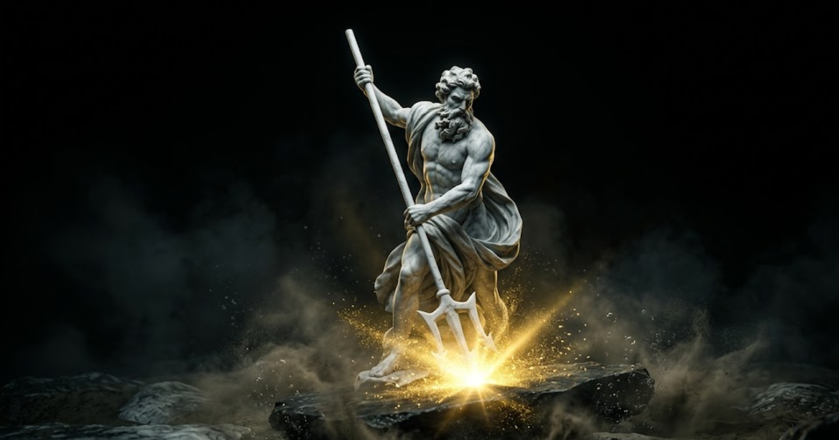 Poseidon driving a great trident into a slab of black stone at the seabed, gold light radiating from the impact, fixing the record in place beneath dark water.