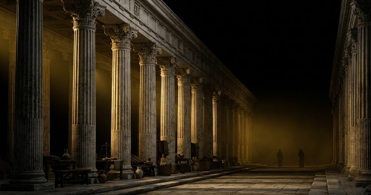 A marble marketplace colonnade with stalls under satin gold light against a void black background