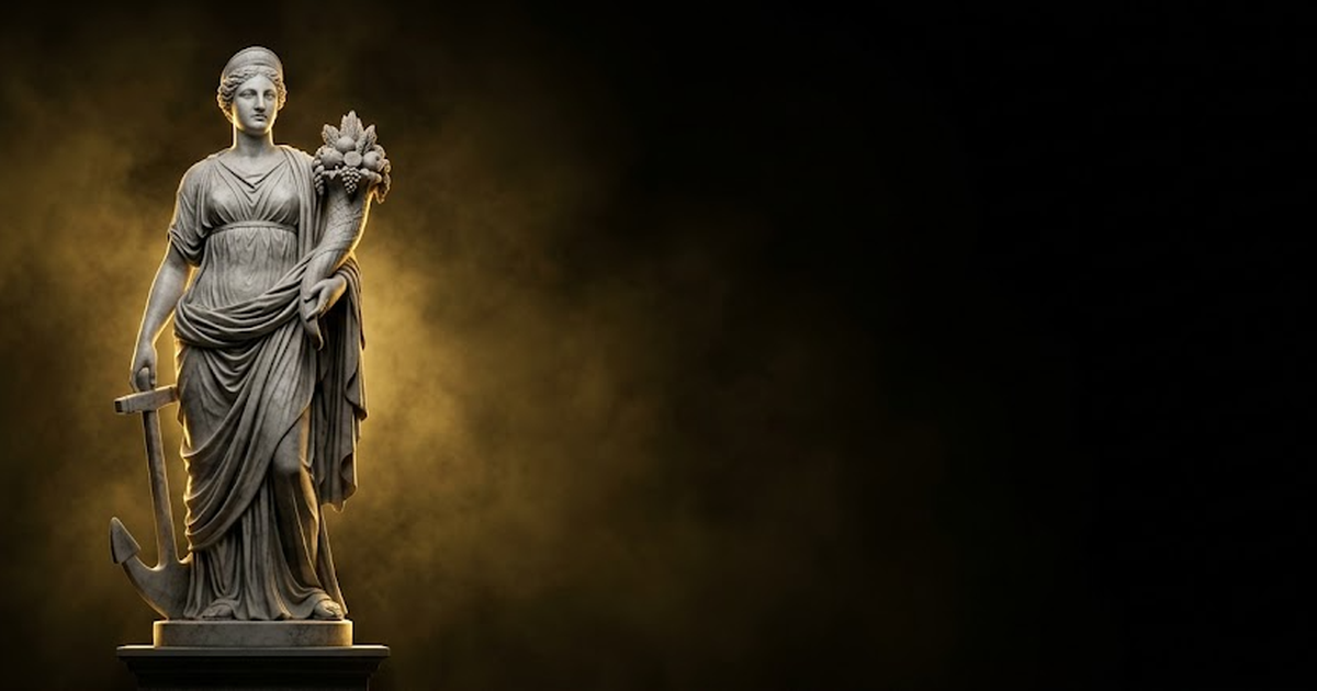 Tyche, goddess of fortune, holding a cornucopia and a ship's rudder, lit in satin gold against a void black background