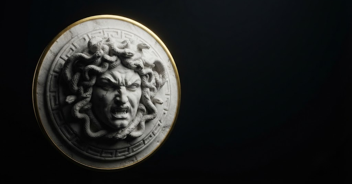 Classical marble scene, Aegis, gold rim light on void black