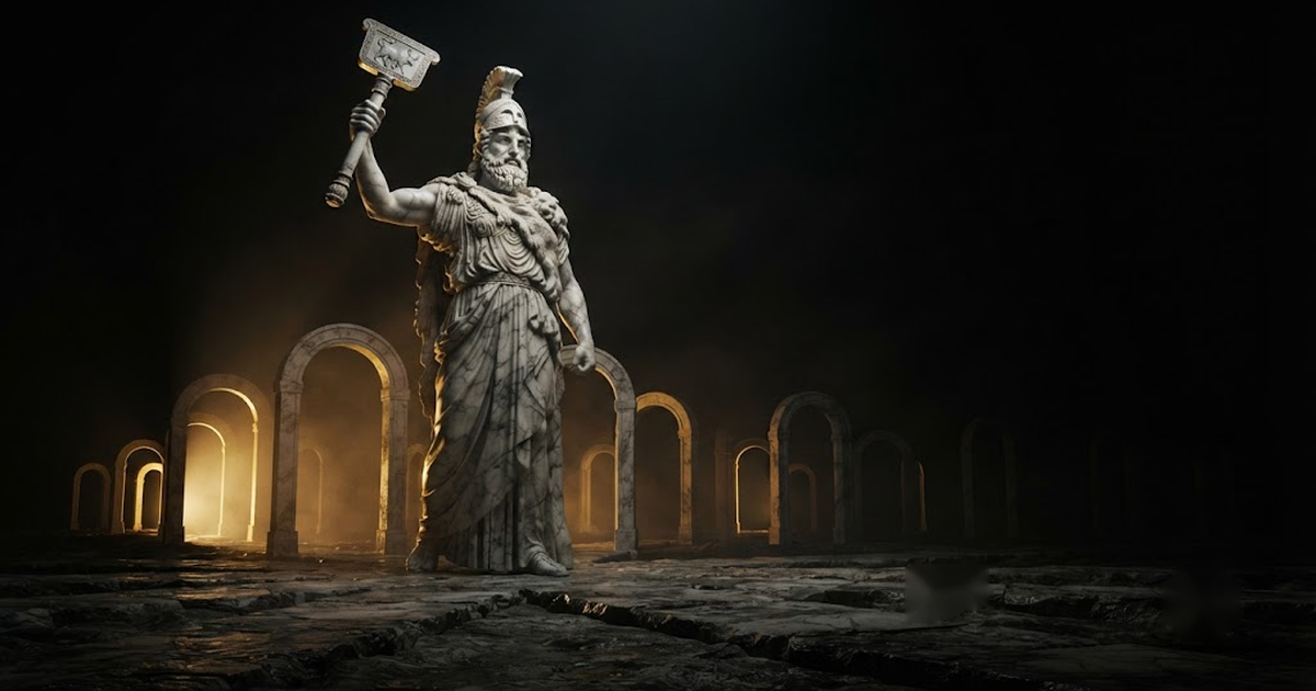 Minos standing where many separate stone thresholds meet, raising his sceptre over gateways that keep continuing past the reach of the light, in a void of pure black, satin gold light picking out each far threshold...