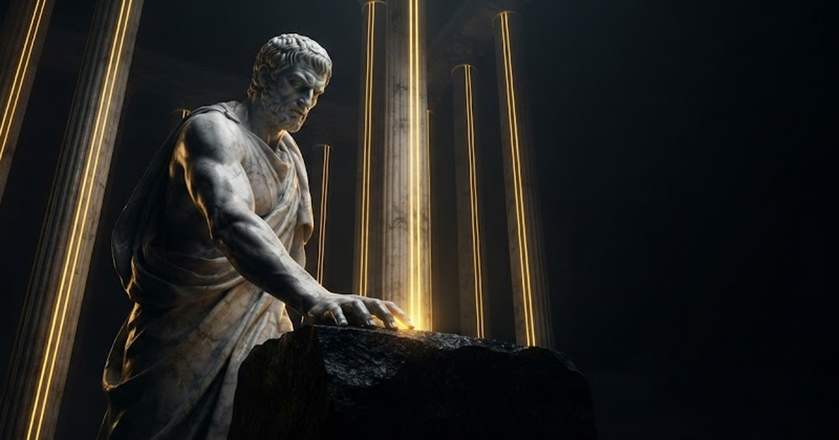 Rhadamanthus pressing one open palm onto a single deep foundation stone that carries every separate column standing above him, in a void of pure black, satin gold light running down the shafts into that one bearing...