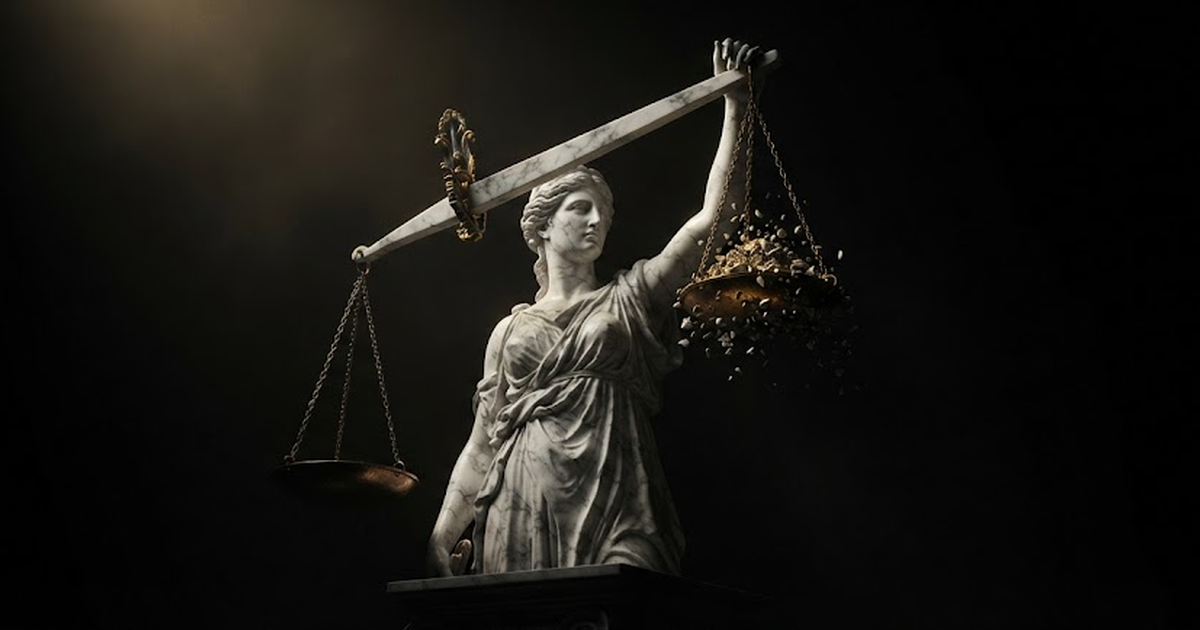Dike holding her scales while one pan brims with countless tiny stone fragments and still rises weightless against an empty pan, in a void of pure black, satin gold light glinting across the heaped chips and the...