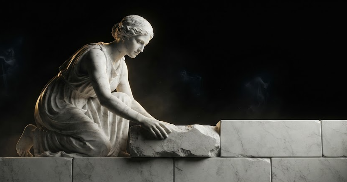 Eunomia kneeling to seat a heavy block into one true level course, her hand testing the line where the stones meet, in a void of pure black, satin gold light grazing the straightened joint, exacting and calm