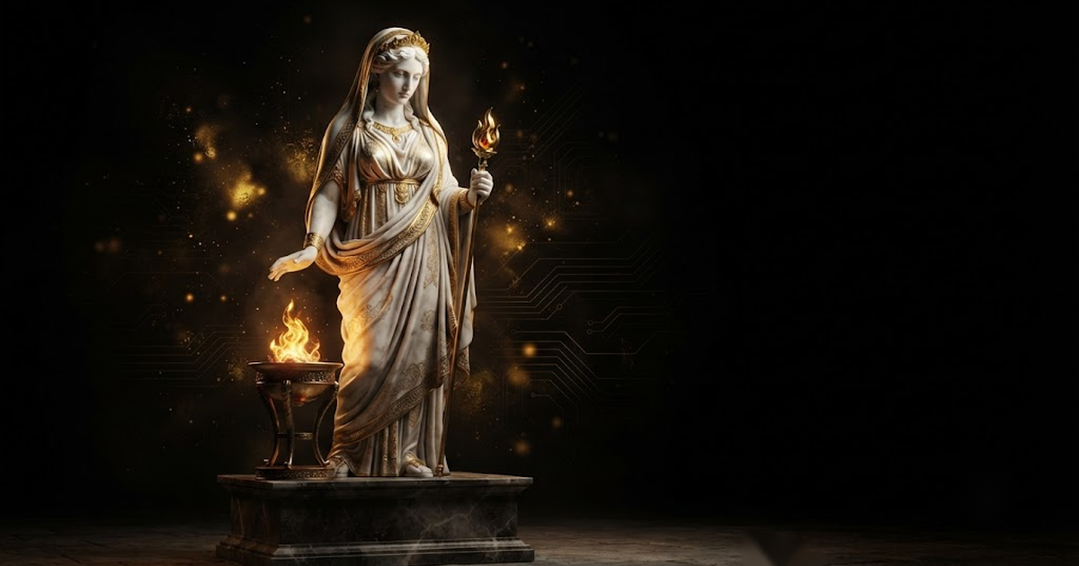 Hestia guarding the hearth flame, evoking intelligence that stays inside your own building