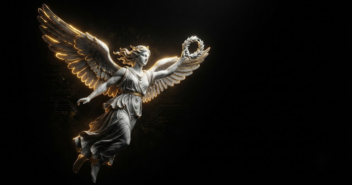 Nike in triumphant flight, evoking owner-controlled auditable AI becoming the baseline expectation