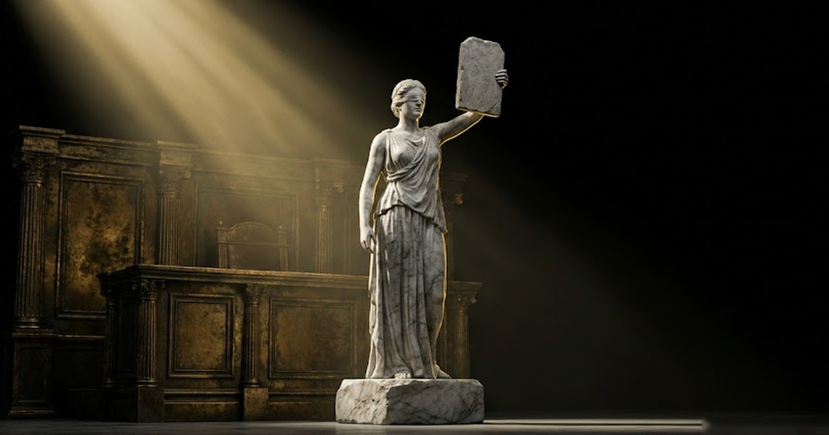 A near empty courtroom with a single page of AI generated analysis projected above an empty witness box, cold daylight through tall windows