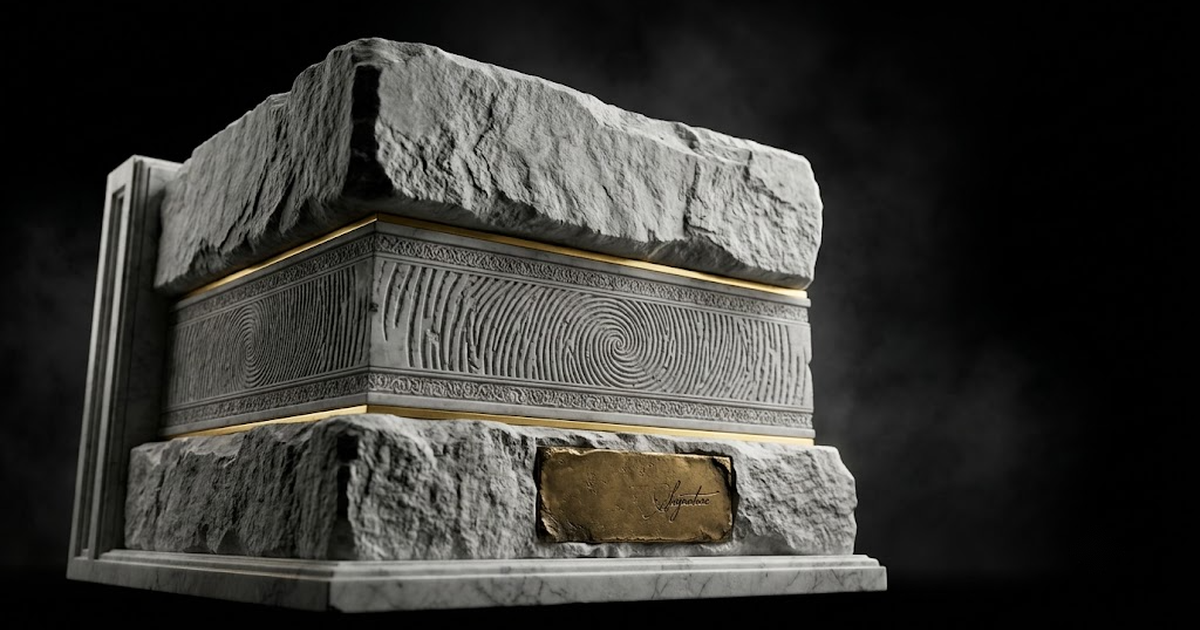 A three tier diagram showing a signed record at the base, a hash rising into the Bitcoin ledger in the middle, and sovereign hardware framing the whole, connected by clean vertical lines