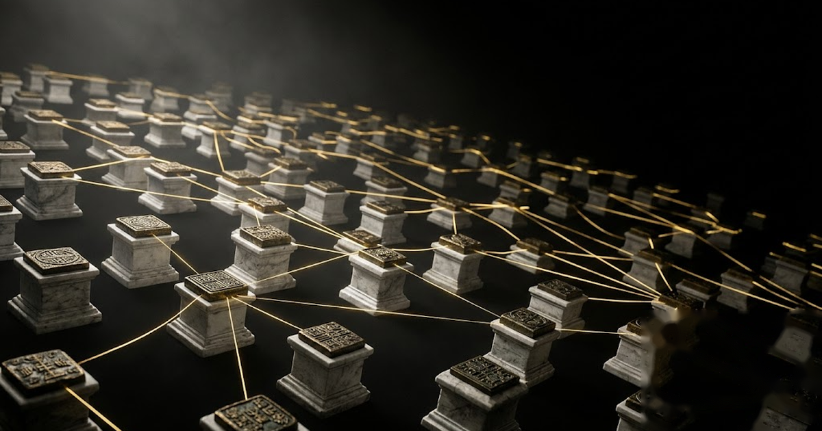 A wide grid of filed patent documents arranged like a map, with the validation architecture traced as connecting lines across them, sober and precise