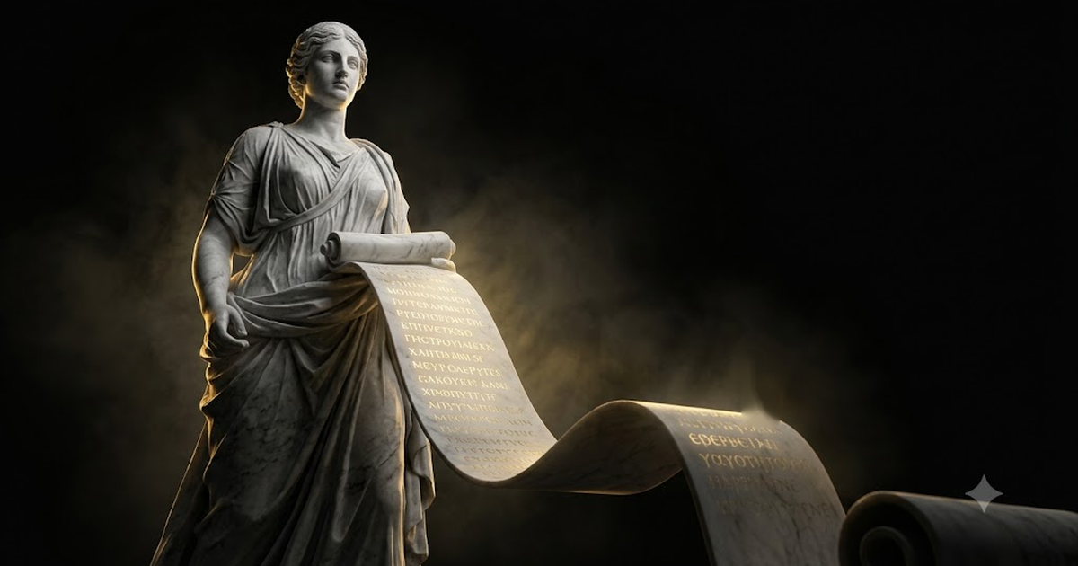 A colossal marble figure of Mnemosyne holding an open scroll that glows with golden light in total darkness