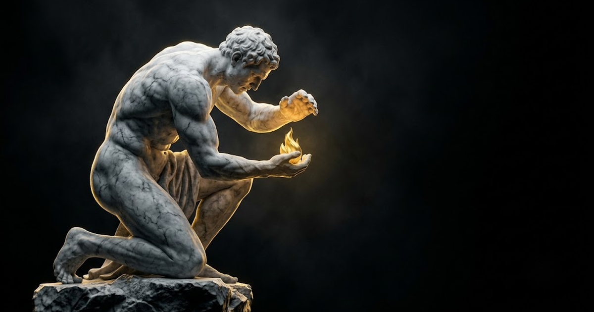 A colossal marble figure of Prometheus cupping a small steady golden flame against a black void