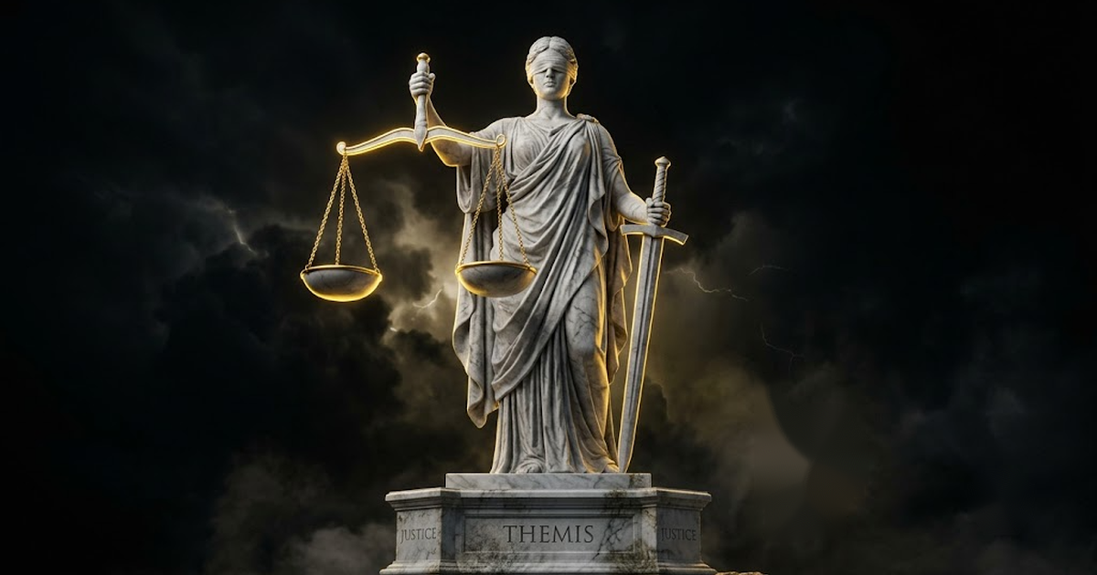 A colossal marble figure of Themis holding balanced scales that glow faintly gold in deep shadow