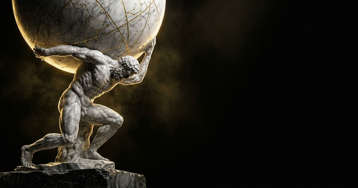 A colossal marble figure of Atlas bearing a great sphere of layered light upon his shoulders in darkness