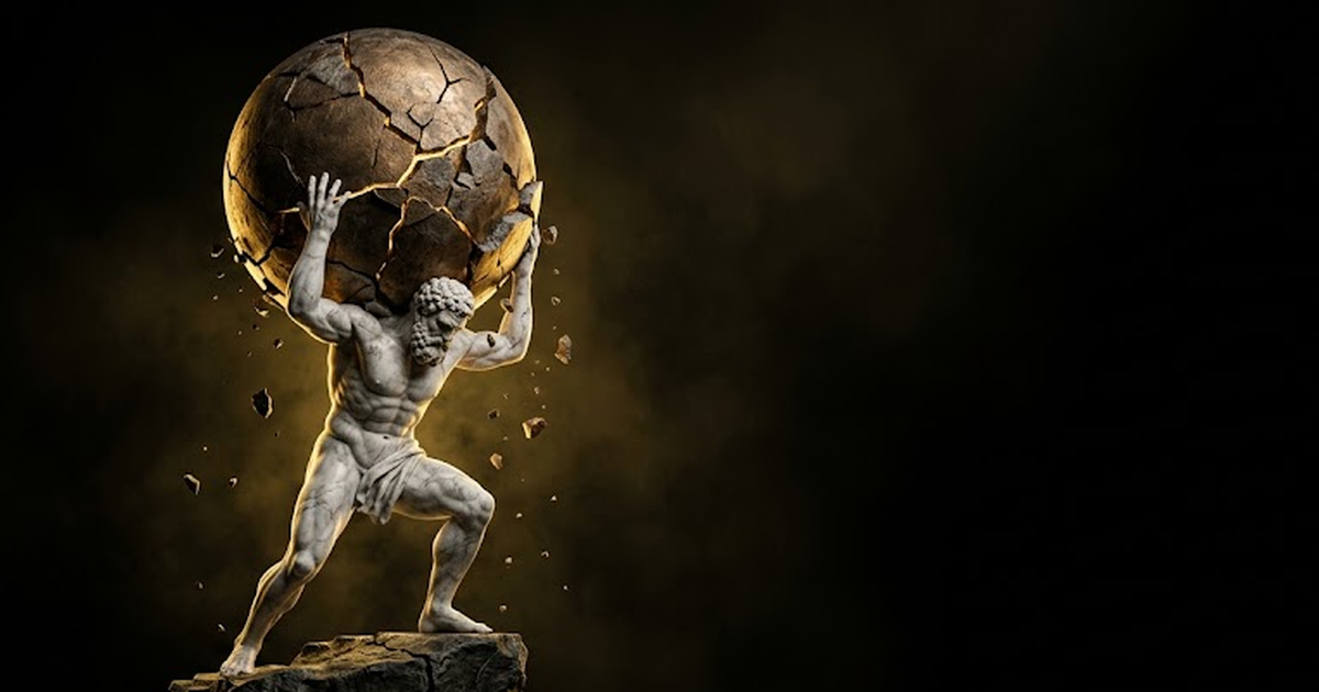 A marble statue of Atlas straining under a fractured sphere, lit by hard gold rim light against deep void black.
