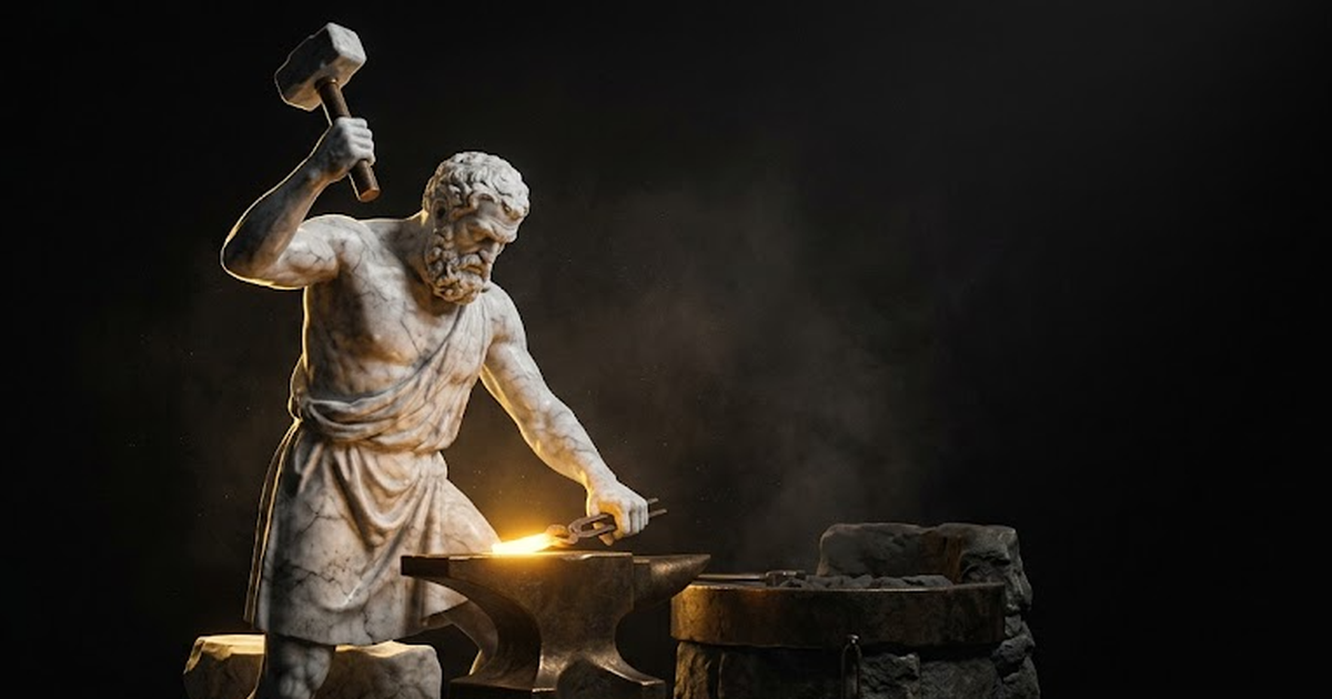 A carved marble figure of Hephaestus at a glowing forge, sparks of gold light in the darkness, working without any external power source visible.
