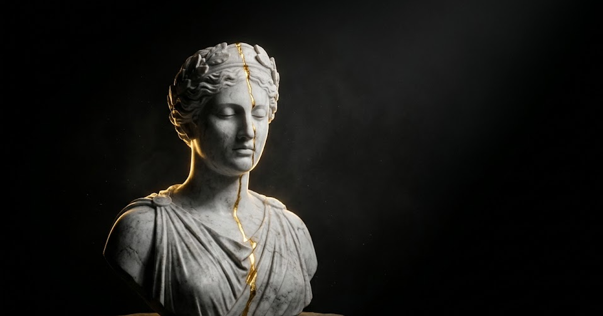 A marble bust of Mnemosyne, goddess of memory, with a single seam of gold running through the stone, lit from one side in deep shadow.