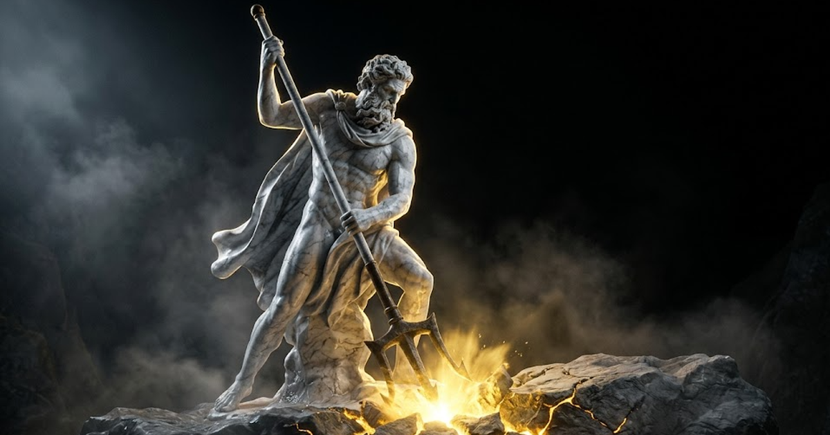 A monumental marble figure of Poseidon driving a trident into bedrock, the impact point glowing gold, set against vast dark negative space.