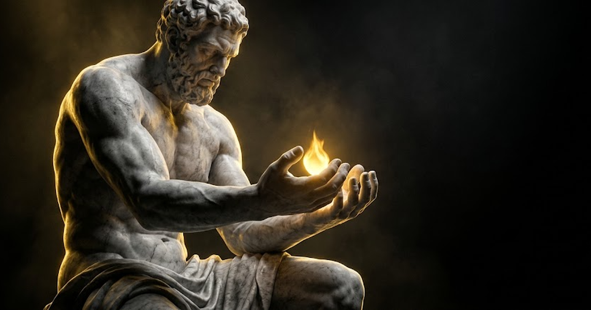 A towering marble statue of Prometheus holding a small flame in cupped hands, lit by gold light against a black background