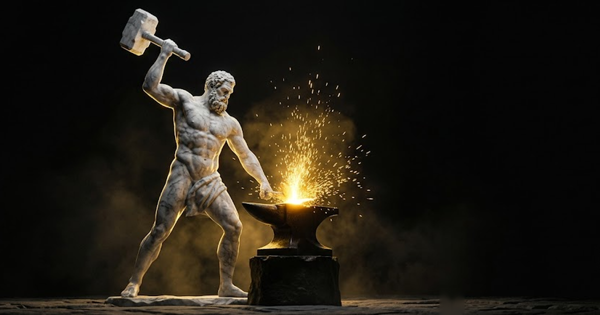 A giant marble statue of Hephaestus at a forge, hammer raised, gold sparks catching the light against darkness