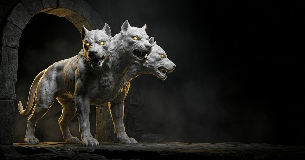 A massive marble statue of Cerberus, three heads alert, guarding a threshold in gold-lit darkness