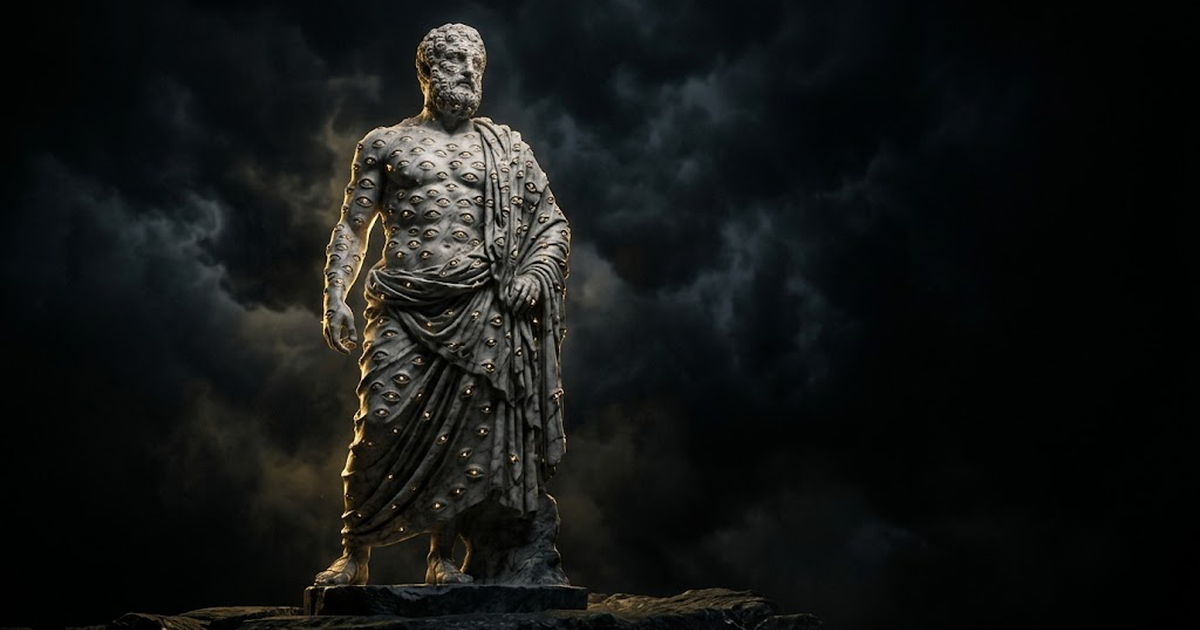 A towering marble statue of Argus covered in many watchful eyes, lit by gold light against black