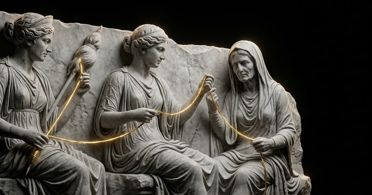 Marble sculpture of the three Fates measuring a single continuous golden thread, symbolising an unbroken append-only record