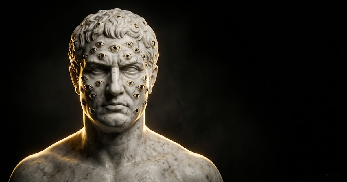 Marble bust of the many-eyed watcher Argus, gold-rimmed eyes, symbolising independent verification