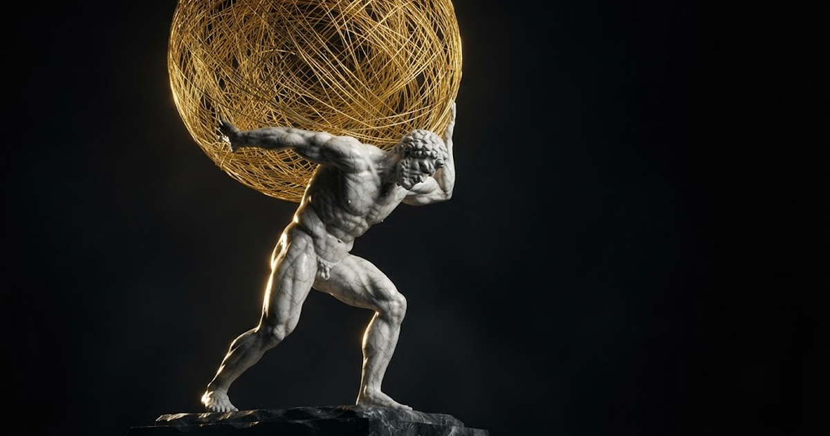 A colossal marble figure of Atlas straining to hold a great sphere aloft against a black void, lit by gold light.
