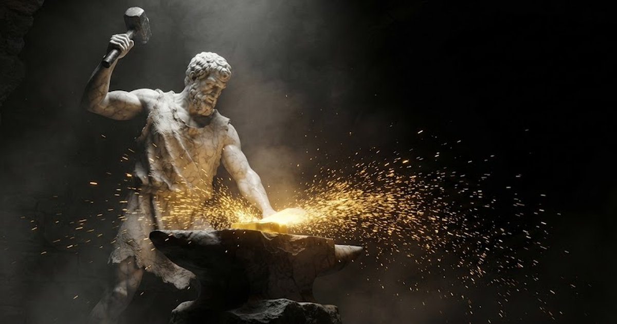 A colossal marble figure of Hephaestus at a dark forge striking a glowing seal, sparks of gold light against black.